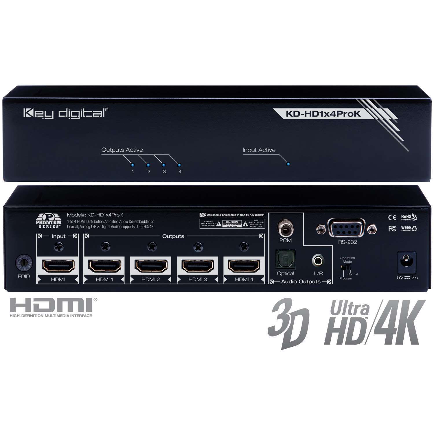 Key Digital 1x4 HDMI Distribution Amplifier KD-HD1x4ProK