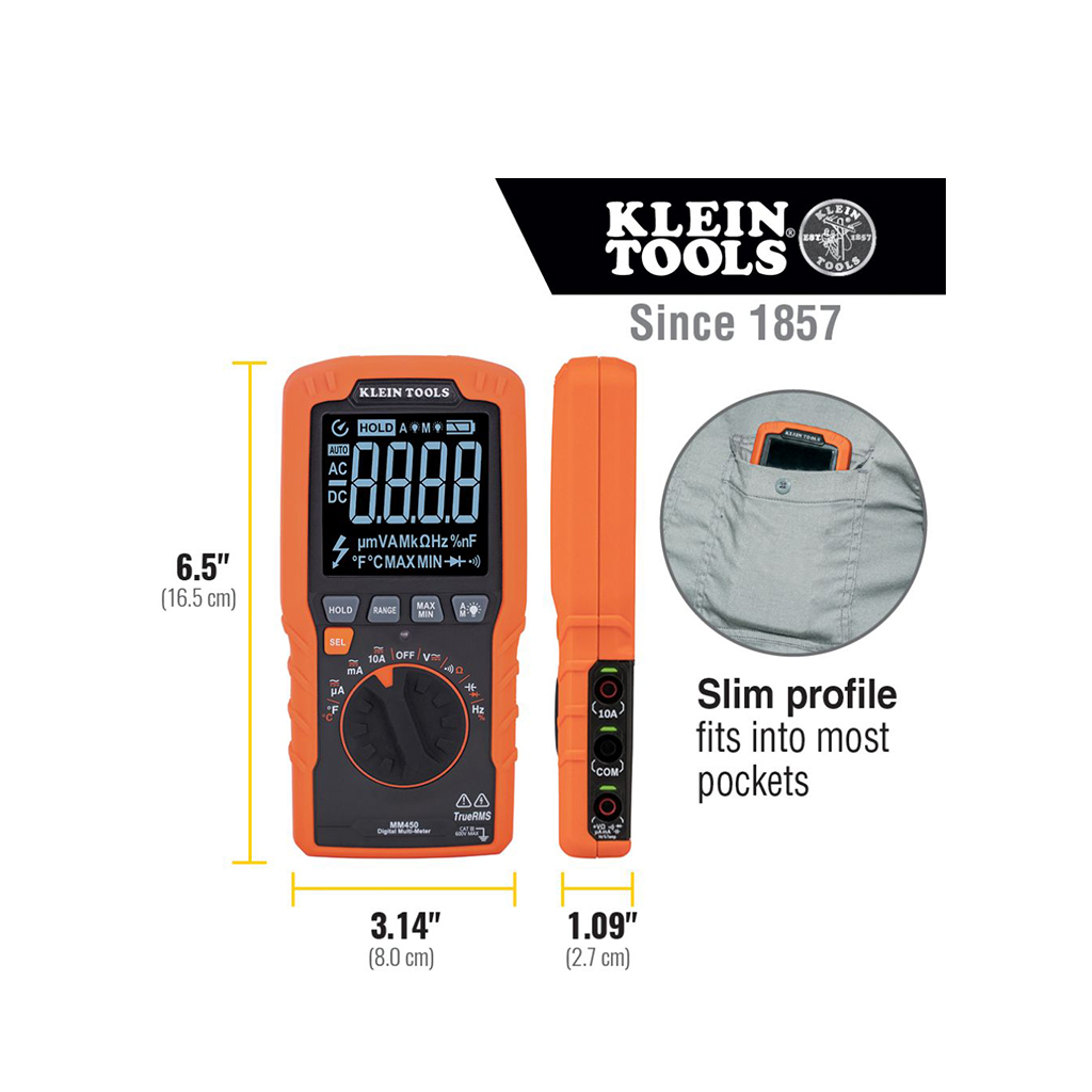 Klein Tools Slim Digital Multimeter TRMS Auto-Ranging 600V Temp MM450